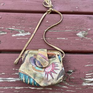 BRIT ROSEN Vintage Leather Hand Painted Multi Metallic Leather Cross Body Purse